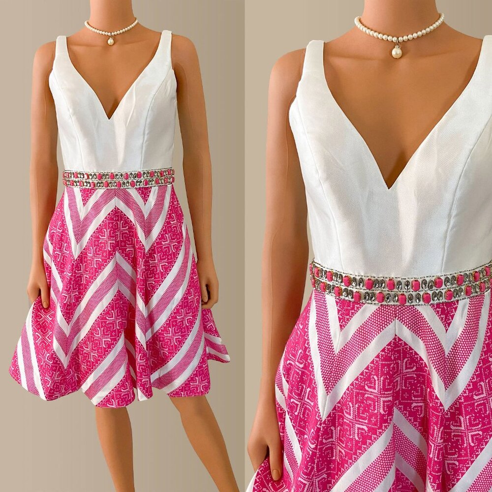 Mac Duggal beaded white & pink fit & flare cocktail dress